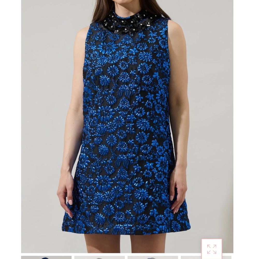 Sugarlips Elma Blue Floral Jacquard Sleeveless Mini Dress Beaded Mock Neck